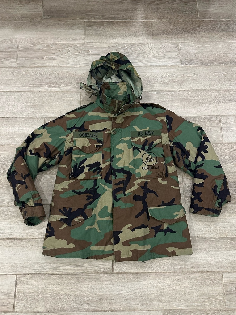 VTG U.S. Navy Seabees M-65 Woodland Camo Field Jacket w/ Cold Weather Liner, S:L